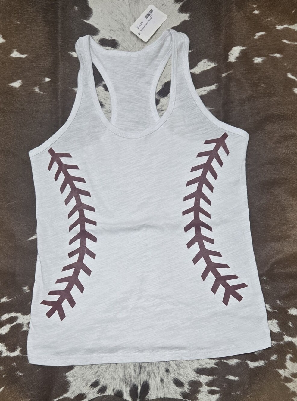 White Tank Top with Maroon Baseball Stitch Design